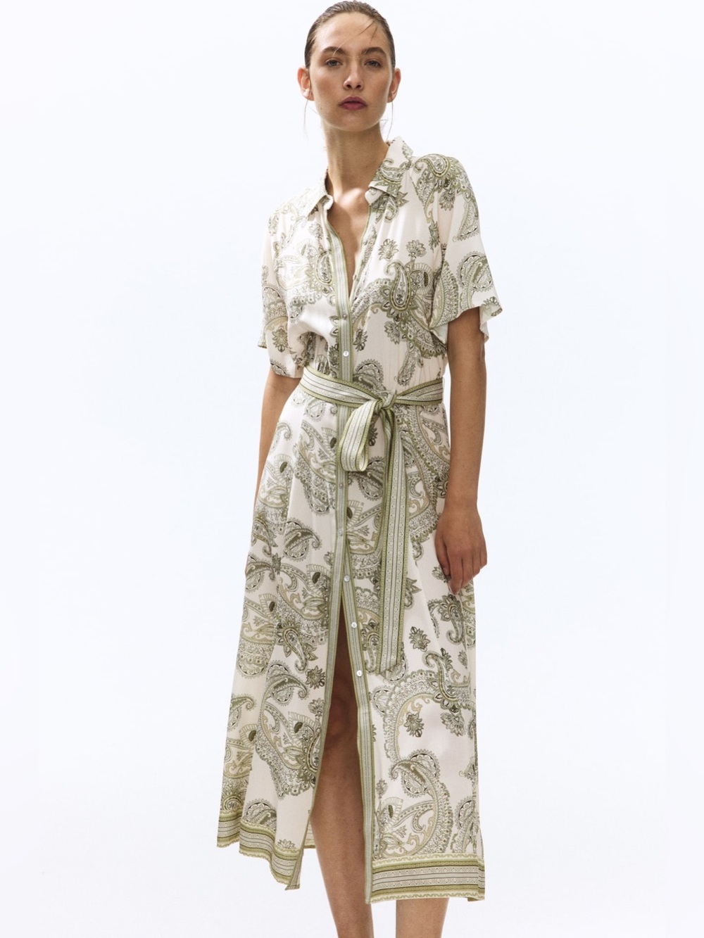 H&M Cream Paisley Midi Shirtdress with Olive Trim